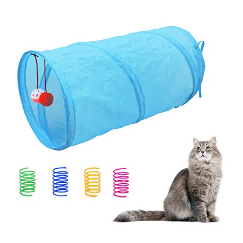 Andiker Katzenspielzeug Katzentunnel, Faltbares Katzenspielzeug für Hauskatzen, Niedliches Katzen Spielezeug mit Glockenspielzeug und Weichen Bällen, 4 Bunte Spiralfedern (Blau) von Andiker