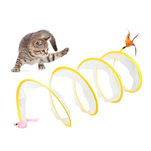 Andiker Katzentunnel, S-Form Faltbares Haustier Interaktives Spielspielzeug mit Feder Sisalball, Katzenschlauch Tunnel für Kätzchen Kleintiere (Rosa Feder) von Andiker