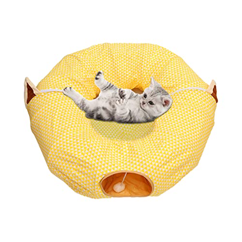 Andiker Katzentunnel für Indoor-Katzen mit Matte, 2-in-1 zusammenklappbar und Reißverschluss, abnehmbares, leicht zu waschen und zu reinigen für alle Jahreszeiten (gelb, rund) von Andiker