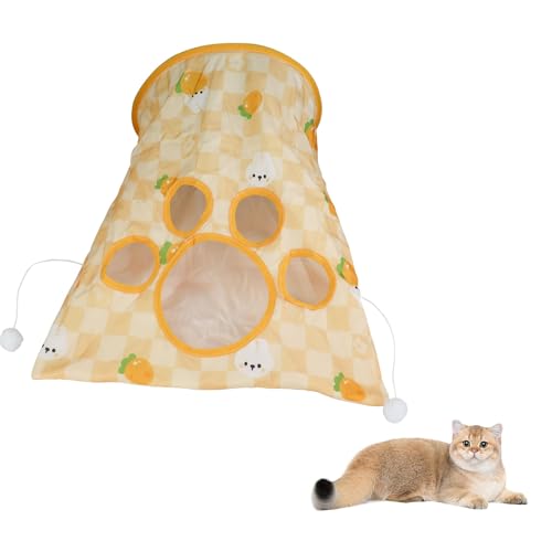Andiker Katzentunnelbeutel für Indoor-Katzen, 33 x 43 x 30 cm, faltbare Katzen-Crinkle-Tasche mit 3 weißen Plüschbällen und 1 Maus, 5 Löcher, für Kätzchen zum Verstecken und Fangen, 3 Schichten von Andiker