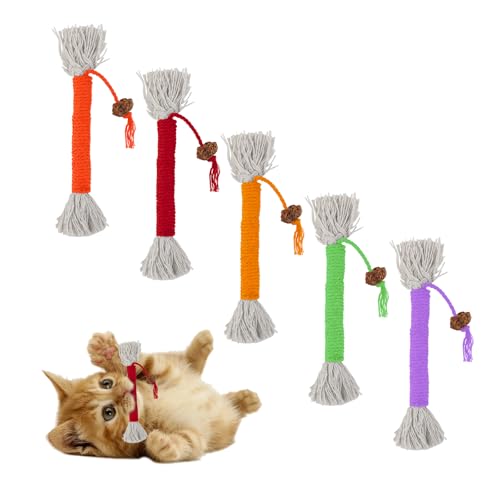Andiker Kauspielzeug für kleine Katzen, 15,2 cm in 5 Farben, bissfest, mit Baumwollseil und Gallenfrucht, Katzenspielzeug für Indoor-Katzen zur Zahnreinigung, 5 Stück von Andiker