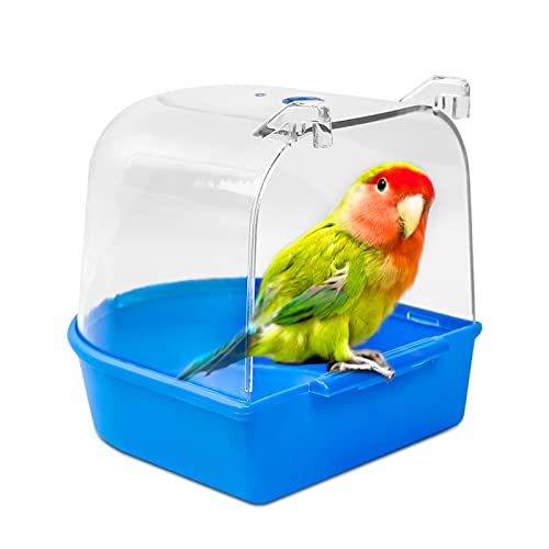 Andiker Papageienbadewanne, transparenter Kunststoff-Vogelbadbehälter, hängender Papageienbadschlauch Duschkasten mit Wassereinlass für Wellensittich Papagei, Nymphensittich (Blau) von Andiker