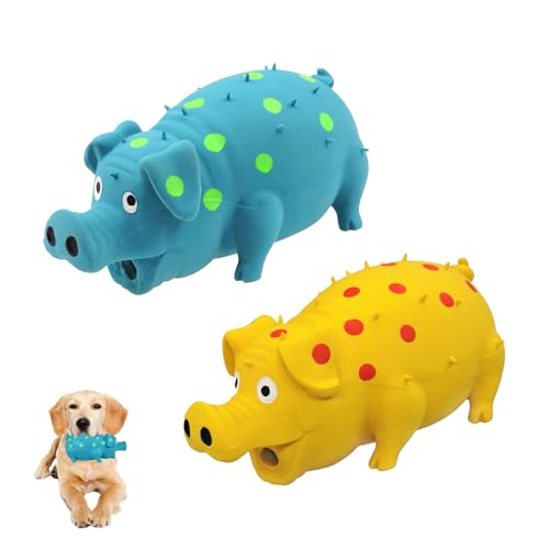 Andiker Quietschspielzeug für Hunde, 20,3 cm, Latex-Kauspielzeug mit Oink-Sound, Grunzendes Schwein, Hundespielzeug für Zahnbeißen, Jagd, um langweilige Zeit zu töten (Blau, Gelb) von Andiker