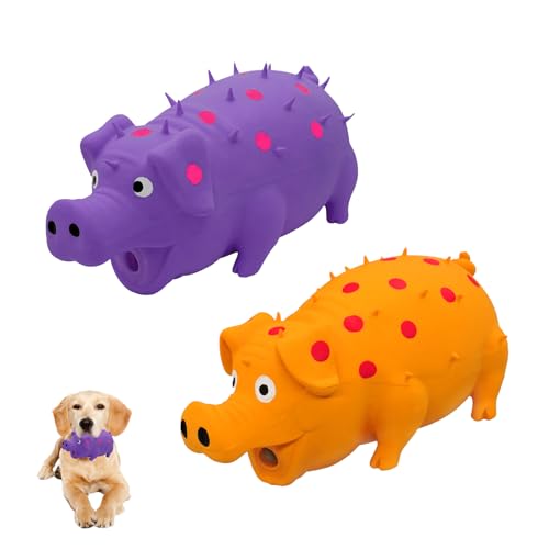 Andiker Quietschspielzeug für Hunde, 20,3 cm, Latex-Kauspielzeug mit Oink-Sound, Grunzendes Schwein, Hundespielzeug für Zahnbeißen, Jagd, um langweilige Zeit zu töten (Orange, Violett) von Andiker