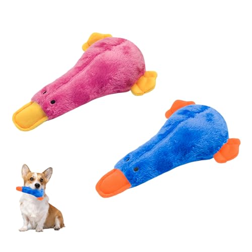 Andiker Quietschspielzeug für Hunde, integrierte Quietsch-Ente, Hundespielzeug, Füllung, Baumwolle, bissfest, Plüschspielzeug für kleine Hunde, Welpen, zum Jagen, Beißen und Kauen (Rot + Blau), 2 von Andiker