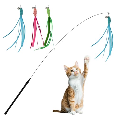 Andiker Setaria Katzenfeder-Spielzeug, Nachfüllpackungen mit Glocke und einer 90 cm langen flexiblen Stahldrahtstange, interaktives Katzenspielzeug für Indoor-Katzen, die mehr Bewegung machen und Spaß von Andiker