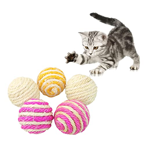 Andiker Sisal Ball Katze 5er Pack, 4,5 cm sortierte farbige Sisalbälle für Katzen zum Kratzen, Klopfen, Beißen oder Jagen, interaktives Katzenspielzeug für drinnen Katzen zufällige Farbe (sisal Ball) von Andiker