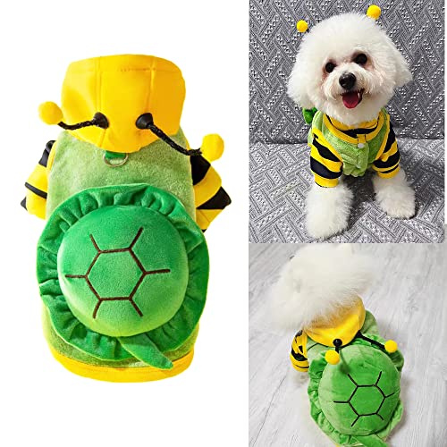 Anelekor 2 Stück lustige warme kleine Hundekleidung Halloween Haustier Biene Kostüm Winter Welpen Hoodies und Weste Sets Flanelljacke mit D-Ring für Katzen Hunde (grün, groß) von Anelekor