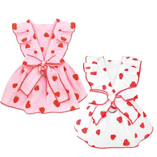 Anelekor 2er-Pack Erdbeer-Hundekleider mit D-Ring, Sommer-Welpenkleidung für kleine Hunde, Mädchen, Frühlingskatzen-Outfit, Baumwolle, ärmellos, Haustierkleid für Kätzchen, Chihuahua, Zwergspitz von Anelekor