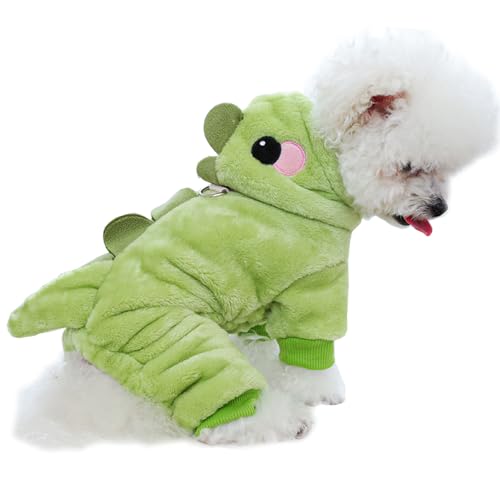 Anelekor Dinosaurier-Hundekostüm, Winter-Hunde-Pyjama für kleine Hunde, warmer Welpen-Kapuzenpullover, blauer Mantel für kaltes Wetter, warme Haustierkleidung für Weihnachten, Halloween (Grün-2, von Anelekor