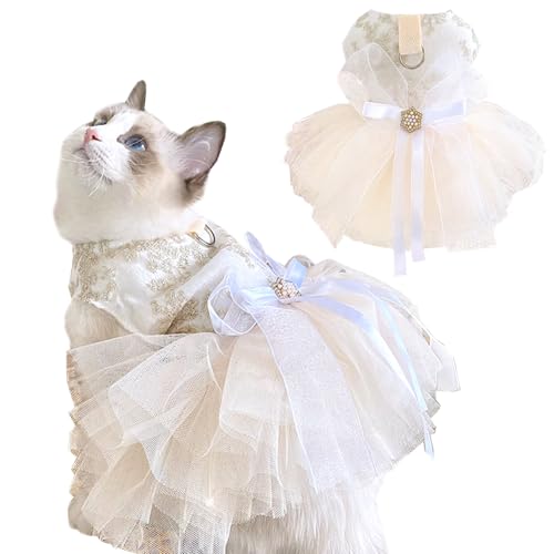 Anelekor Fancy Dog Dresses with Leash Ring, Embroidered Dog Wedding Dress, Bow Puppy Clothes for Small Dogs Girl Multi-Layer Lace Tutu Cat Outfit for Kitten Chihuahua Yorkie, Champagner, XS von Anelekor