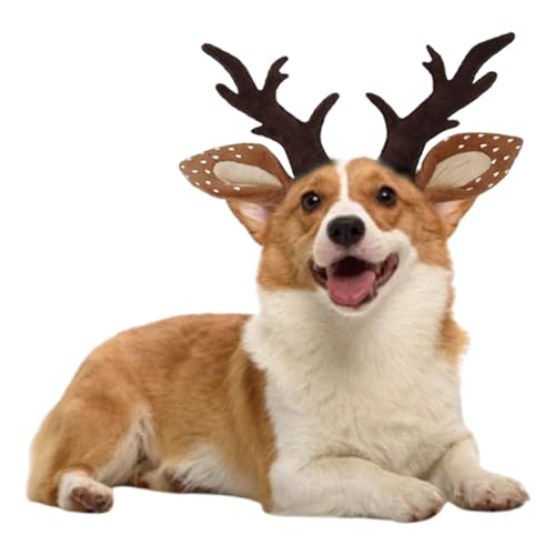 Anelekor Hundekostüm mit lustigem Geweih, Stirnband, Weihnachten, Welpen, Katze, Elch, Outfit, verstellbare Hunde-Kopfbedeckung, Zubehör, Haustier-Rentier-Kostüm für Katzen, kleine, mittelgroße Hunde von Anelekor