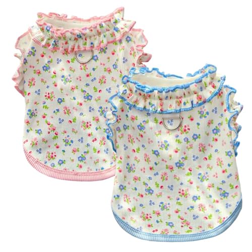 Anelekor Sommer-Hundekleider mit Schleife, für Mädchen, Welpen, Kleidung für Hunde, Frühling, Katze, Outfit, ärmellos, gestuft, mehrlagiges Kuchenkleid (Rosa, Blau, Größe XS), 2er-Pack von Anelekor