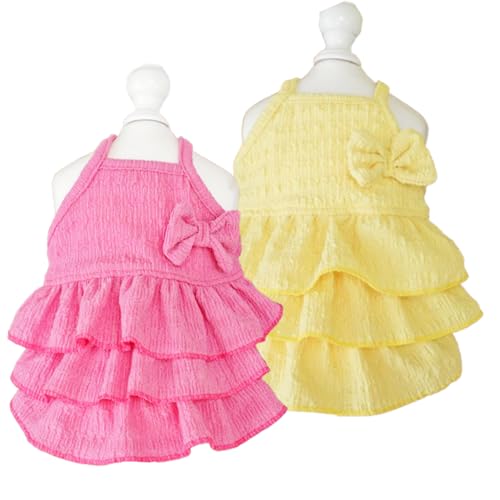 Anelekor Sommer-Hundekleider mit Schleife, für kleine Hunde, Frühlingskatzen-Outfit, ärmellos, gestuft, mehrlagig, Kuchenkleid für Kätzchen, Chihuahua, Zwergspitz, Yorkie (Rosa, Gelb, Größe M) von Anelekor