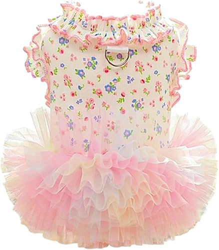 Anelekor Welpenkleid mit Blumenmuster, D-Ring, gerüscht, für kleine Hunde, Frühlingskatzen-Outfit, ärmellos, Haustier-Prinzessinnen-Rock, niedliche Hunde, Tutu-Kleid (Rosa, Größe M) von Anelekor