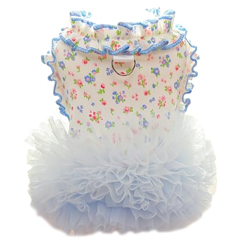Anelekor Welpenkleid mit Blumenmuster, D-Ring, gerüscht, für kleine Hunde, Frühlingskatzen-Outfit, ärmellos, Haustier-Prinzessinnen-Rock, niedliche Hunde, Tutu-Kleider (blau, groß) von Anelekor
