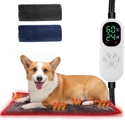 Angelpet Haustier Heizkissen L 45x70cm – Heizdecke für Hunde & Katzen, 30–60 ℃ Temperatur & 14 Timer (0–12H/24H), Hunde Heizmatte mit Auto Screen-Off, bissfestem 1,8 m Kabel, 2 waschbaren Bezügen von Angelpet