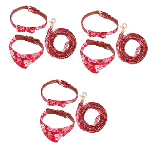 Angoily 3 Sets Verstellbares Halsband Dreieckstuch Und Leine Pu-Material Modischer Kirschblütendruck von Angoily