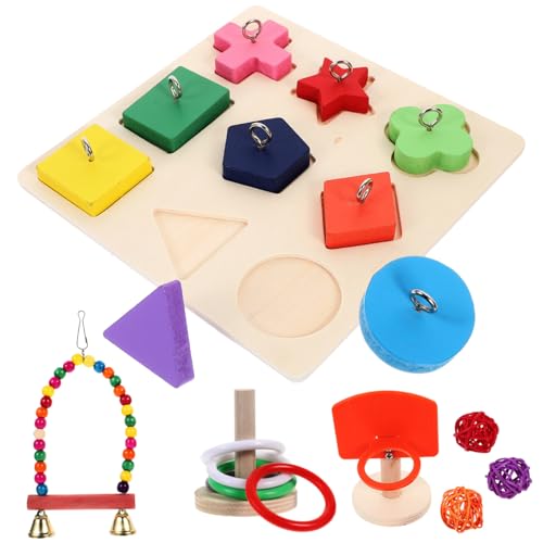 Angoily 4 Sätze Papagei Spielzeug Papageienschaukel Kauspielzeug Papageien-Trainingsspielzeug Spielzeuge Spielset aus Holz Vögel blockieren Puzzlespielzeug Papageientrick Tischspielzeug von Angoily