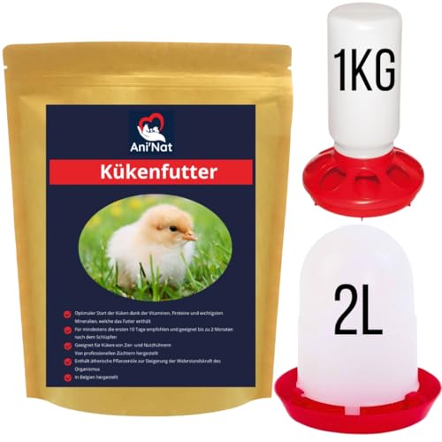 AniNat Kükenfutter, Erstlingsnahrung mit Vitaminen, Proteinen, Mineralien und ätherischen Ölen. Ohne Antibiotika und OHNE GENTECHNIK. Geeignet ab der Geburt. (1.8kg + Tränke + futterspender) von Ani'Nat NATURE ANIMALE