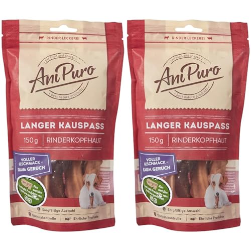 AniPuro Langer KAUSPASS, Leckerlis aus Rinderkopfhaut, hochwertig und getreidefrei, Snack mit hohem Protein-Gehalt, für große und kleine Hunde, 150g (Packung mit 2) von Ani Puro