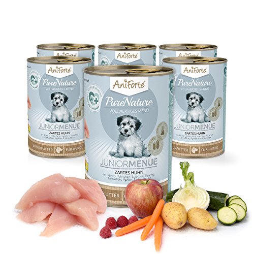 AniForte Hundefutter Nass Junior Huhn 6 x 400g – Natürliches Nassfutter für Welpen & Junghunde, hoher Fleischanteil, Premium Alleinfutter getreidefrei von AniForte