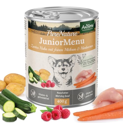 AniForte Hundefutter Nass Junior Huhn 6 x 400g – Natürliches Nassfutter für Welpen & Junghunde, hoher Fleischanteil, Premium Alleinfutter getreidefrei von AniForte