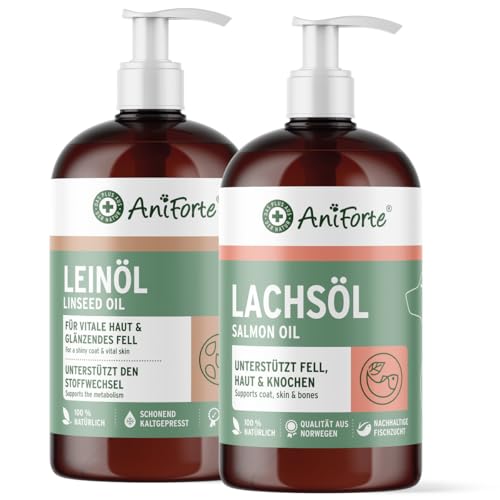 AniForte Barf-Öl Set 2 mit je 500ml Leinöl & Lachsöl für Hunde & Katzen– Naturprodukte ohne Zusätze, 100% reine Futteröle für Fell & Haut oder als nährstoffreicher Barf Zusatz, Barf Öl mit Omega 3 & 6 von AniForte