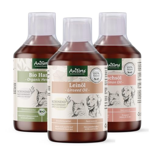 AniForte Barf-Öl Set 3 je 500ml Bio Hanföl, Lachsöl & Leinöl für Hunde & Katzen – Barf Zusatz Öle, kaltgepresst & natürlich ohne Zusätze, Barföl reich an Omega 3 & 6 Fettsäuren, Futter Zusatz von AniForte