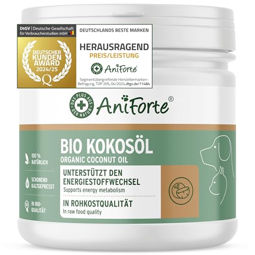 AniForte Bio Kokosöl für Hunde & Katzen 400 ml Lebensmittelqualität - Erste Kaltpressung, Nativ, Unraffiniert, Hoher Laurinsäure Gehalt, Pflege für Fell, Pfote & Haut, biologischer Anbau, Barf Zusatz von AniForte