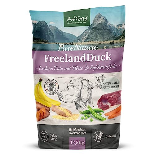 AniForte Ente Trockenfutter für Hunde 12,5kg – Leckere Ente mit Hirse, Süßkartoffeln & Kräutern, Vitamine für Hunde, Halbfeuchtes Trockenfutter, Hundefutter trocken glutenfrei für Allergiker von AniForte