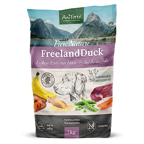 AniForte Ente Trockenfutter für Hunde 7kg – Leckere Ente mit Hirse, Süßkartoffeln & Kräutern, Vitamine für Hunde, Halbfeuchtes Trockenfutter, Hundefutter trocken glutenfrei für Allergiker von AniForte