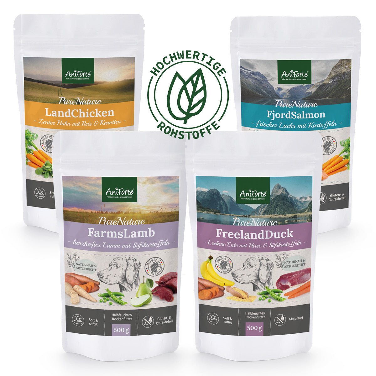 Probierpaket: Halbfeuchtes Trockenfutter 4 x 500 g Probierpaket: Halbfeuchtes Trockenfutter 4 x 500 g von AniForte