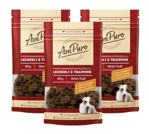 AniPuro 3 x 80g Leckerli & Training vom Rind, hochwertiger Belohnungs- und Trainingssnack, getreidefreie Rezeptur, tierisches Monoprotein, für große und kleine Hunde von Ani Puro