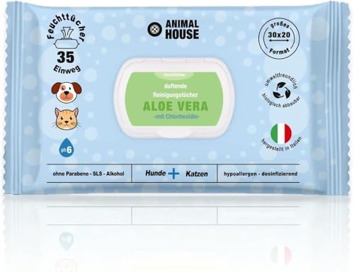 Animal House Dufttücher 35 Stück: Hypoallergene und biologisch abbaubare Feuchttücher für die tägliche Reinigung von Hunden und Katzen (35, Aloe und Chlorhexidin) von Animal House