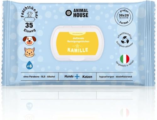 Animal House Dufttücher 35 Stück: Hypoallergene und biologisch abbaubare Feuchttücher für die tägliche Reinigung von Hunden und Katzen (35, Camomilla) von Animal House