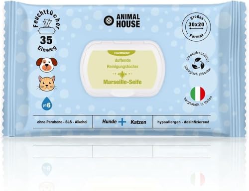 Animal House Dufttücher 35 Stück: Hypoallergene und biologisch abbaubare Feuchttücher für die tägliche Reinigung von Hunden und Katzen (35, Marseiller Seife) von Animal House