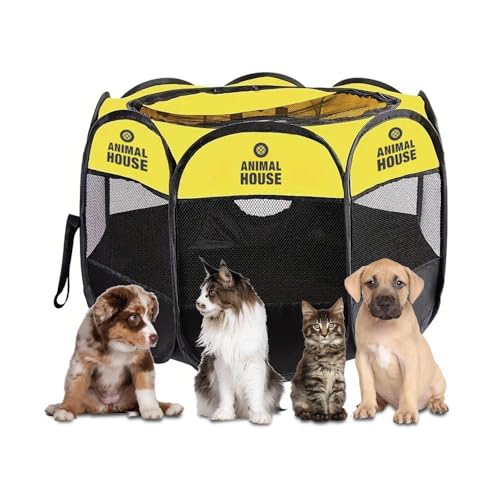 Animal House Faltbares Laufgitter für Hunde, Katzen und Kaninchen, wasserdicht, vielseitig und tragbar, ideal für den Innenbereich, 2 Größen (gelb, klein) von Animal House