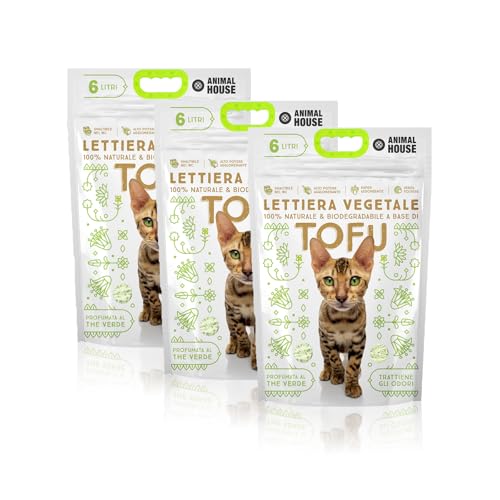 Animal House Natürliches Tofu-Streu, sicher für Mensch und Tier, Kratzfest, staubdicht, mit grünem Tee-Duft, hält Gerüche EIN, ohne die Katzen zu stören, 2,6 kg (3 Beutel) von Animal House