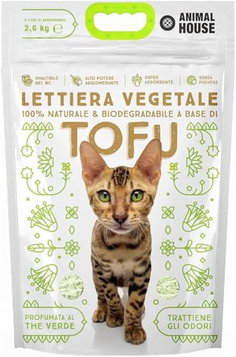 Animal House - Natürliches Tofu-Streu, sicher für Mensch und Tier, Kratzfest, staubdicht, mit grünem Tee-Duft, hält Gerüche EIN, ohne die Katzen zu stören, 2,6 kg von Animal House