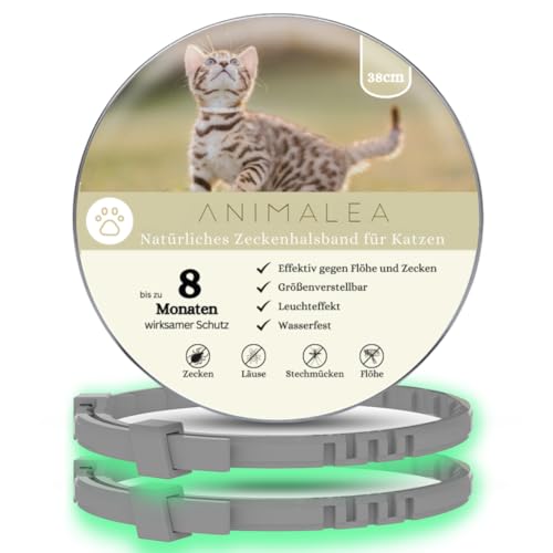 Animalea® NN2 Zeckenhalsband für Katzen (2 Stück) - Länge 38cm - wirksamer Schutz gegen Zecken und Flöhe - wasserfest und Leuchtend bis zu 8 Monaten Zeckenschutz mit 100% natürlichen Inhaltsstoffen von Animalea