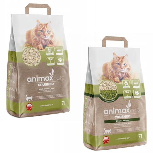 Animax Premium Katzenstreu aus Holzfasern | Klumpend Staubfrei Biologisch Abbaubar | Hohe Saugkraft Sanft zu Pfoten | Umweltfreundlich & Hygienisch (7L + 7L, Klassisch + Grüner Tee) von Animax