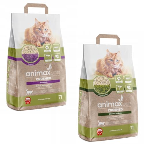 Animax Premium Katzenstreu aus Holzfasern | Klumpend Staubfrei Biologisch Abbaubar | Hohe Saugkraft Sanft zu Pfoten | Umweltfreundlich & Hygienisch (7L + 7L, Lavendel + Grüner Tee) von Animax