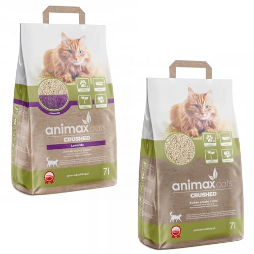 Animax Premium Katzenstreu aus Holzfasern | Klumpend Staubfrei Biologisch Abbaubar | Hohe Saugkraft Sanft zu Pfoten | Umweltfreundlich & Hygienisch (7L + 7L, Lavendel + Klassisch) von Animax