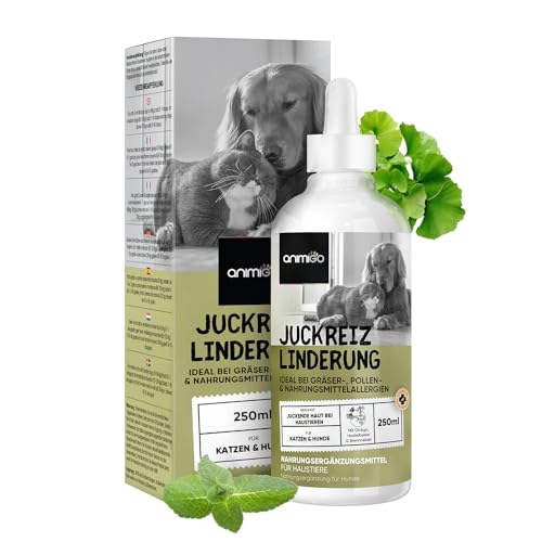 Anti Juckreiz Tropfen für Hunde & Katzen - 250ml gegen juckende, trockene Haut - Bei Allergien & Grasmilben - Fellpflege mit Brennnessel & Ginkgo - Futterzusatz - Alternative zu Tabletten - animigo von animigo