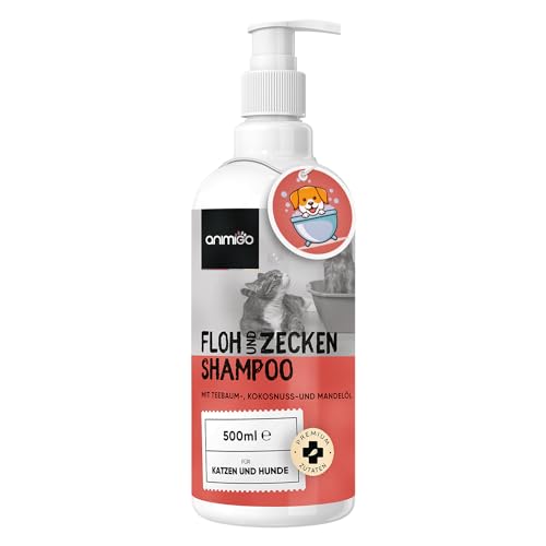 animigo Flohshampoo Hund & Katzen 500ml - Flohmittel mit Teebaumöl - Gegen Zecken, Flöhe & Juckreiz - Alternative zu Flohspray, Zeckenhalsband, Flohkamm - Mit Kokosöl, Mandelöl - Natürliche Zutaten von animigo