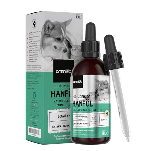 animigo Hanföl für Hunde & Katzen - 60ml Kaltgepresst reines Hanfsamenöl mit Omega 3, 6 & 9 - Bei Angst, Stress, Gewitter, Feuerwerk & Gelenkproblemen - Beruhigung & Entspannung für Haustiere von animigo