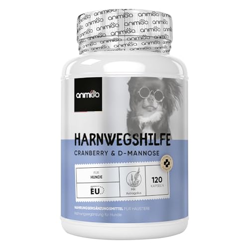 animigo Harnwegshilfe für Hunde - 120 Kapseln für Haustiere - Vitamine mit Cranberry, D-Mannose, Astragalus, Süßholz, Brennnessel & Eibischwurzel - Urinary Aid for Dogs von animigo