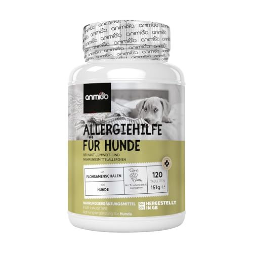 animigo Allergiehilfe für Hunde - 120 Allergie Tabletten für Haut-, Umwelt- & Nahrungsmittelallergien - Mit Kurkuma, Flohsamenschalen, Leinsamen, Traubenkernextrakt, Kürbiskern, Mit Huhn Geschmack von animigo