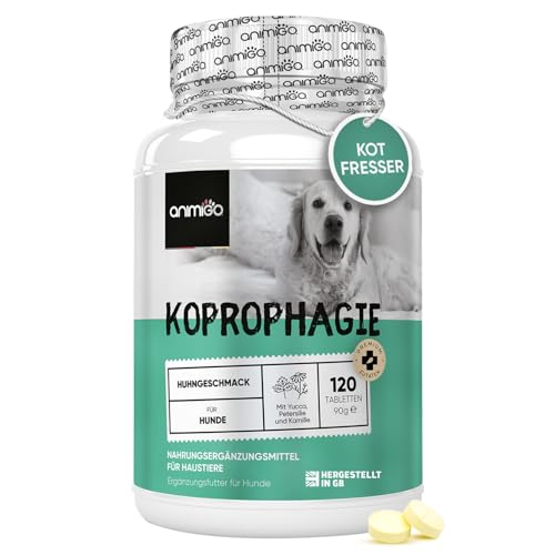 animigo Koprophagie Tabletten - Fressen von KOT & Gras - Verbessert Magen-Darm-Aktivität, Verdauung - 120 Prebiotika & Probiotika Hund Tabletten - Hühnergeschmack - Stuhlschutzmittel für Hunde von animigo